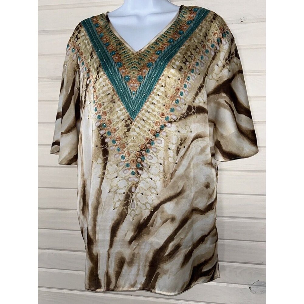 CHICOS Sz 0 (SMALL) Brown Turquoise Tiger Print Studded Top Kimono Sleeve EUC